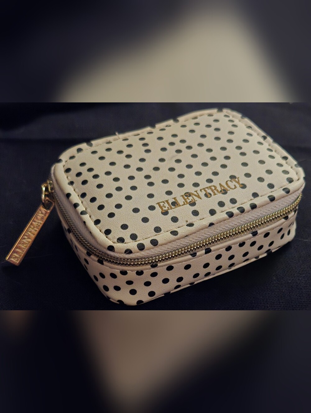 Ellen Tracy Mini Travel Case Pouch Cream Black Polka Dot Open Interior Gold Zip